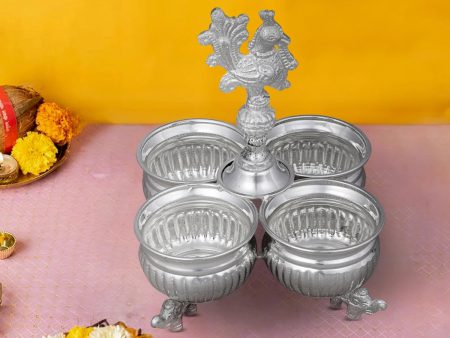 4 Cups Chomukha With Annam Handle - 6.5 x 4.5 Inches | German Silver Panchwala With Elephant Leg  Kumkum Holder For Sale