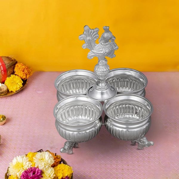 4 Cups Chomukha With Annam Handle - 6.5 x 4.5 Inches | German Silver Panchwala With Elephant Leg  Kumkum Holder For Sale