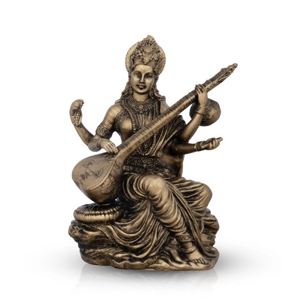 Saraswati Murti - 6 x 4 Inches | Resin Statue  Brass Polish Saraswati Idol for Pooja  445 Gms Approx For Cheap