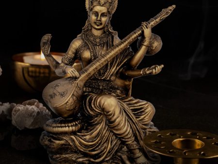 Saraswati Murti - 6 x 4 Inches | Resin Statue  Brass Polish Saraswati Idol for Pooja  445 Gms Approx For Cheap