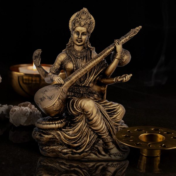 Saraswati Murti - 6 x 4 Inches | Resin Statue  Brass Polish Saraswati Idol for Pooja  445 Gms Approx For Cheap