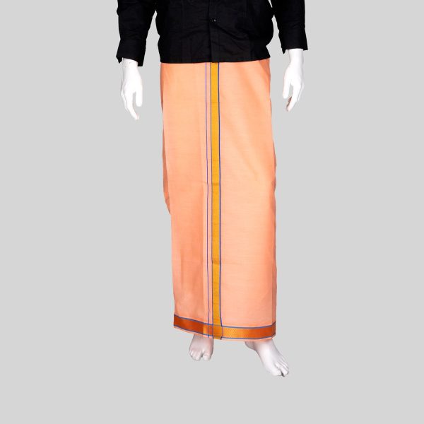 Cotton Veshti - 2 Mtrs | 1.5 Inch Jasmine Border Dhoti  Light Orange Colour Vesti for Men For Sale