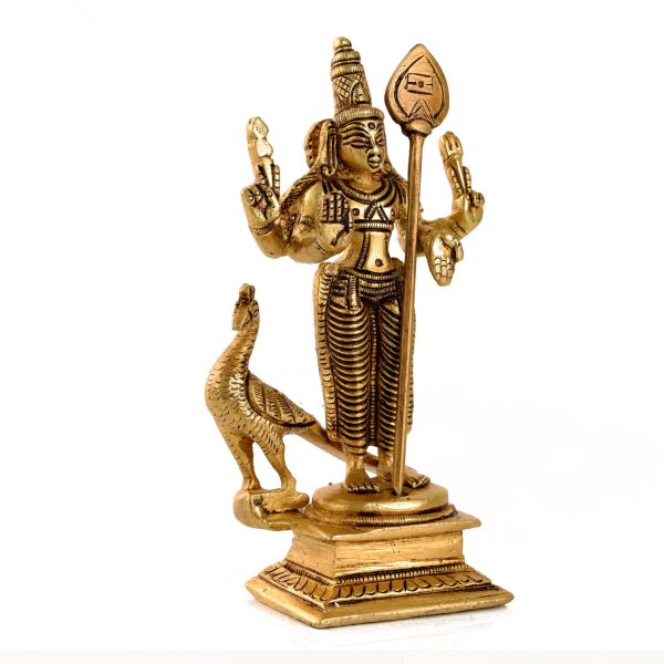 Murugan Statue  - 5 x 2.5  Inches 430 Gms |  Antique Brass Statue  Murugan with Peacock Idol  Murugan Silai for Pooja on Sale