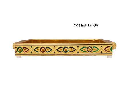 Pooja Tray - 7 x 10 Inches | Thali Tray  Wooden Plate  Gold Polish Meenakari Design Plate for Home  525 Gms Approx Discount