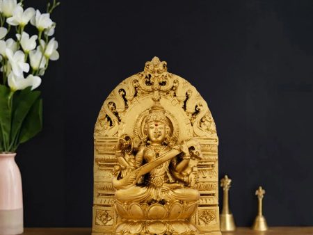 Saraswati Murti With Arch - 6 x 4 Inches | Resin Statue  Gold Polish Saraswati Idol for Pooja  500 Gms Approx For Cheap