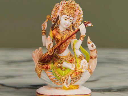 Saraswati Murti - 8 x 7.5 Inches | Saraswati Idol Sitting On Swan  Resin Statue for Pooja  1.040 Kgs Approx Supply