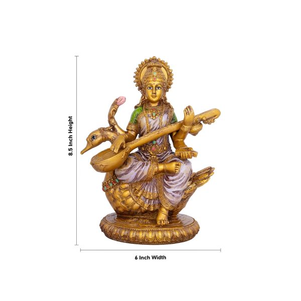 Saraswati Murti - 8.5 x 6 Inches | Saraswati Moorti Sitting On Swan  Resin Statue for Pooja Online Sale