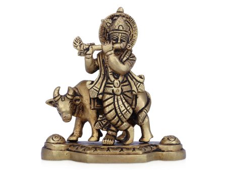 Krishna Murti With Cow - 4.5 x 4 Inches | Antique Brass Idol  Standing Krishna Idol for Pooja  575 Gms Approx For Discount