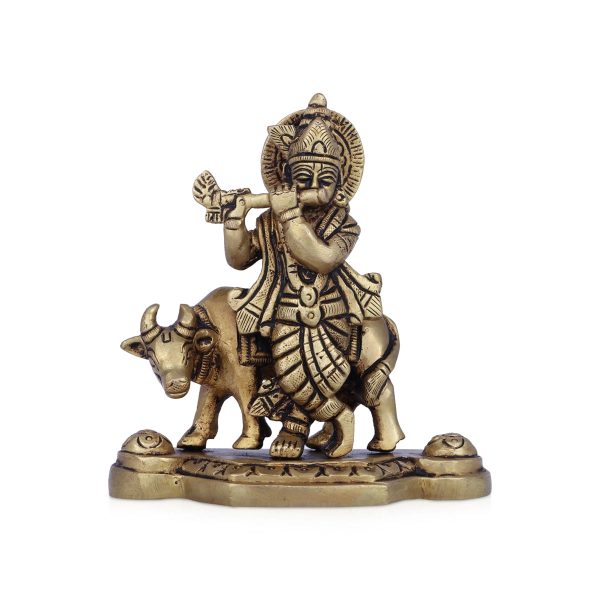 Krishna Murti With Cow - 4.5 x 4 Inches | Antique Brass Idol  Standing Krishna Idol for Pooja  575 Gms Approx For Discount