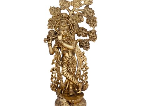 Krishna Murti With Tree - 23 x 12 Inches | Antique Brass Idol  Krishna Statue for Pooja  11.880 Kgs Approx For Sale