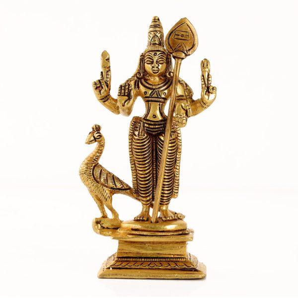 Murugan Statue  - 5 x 2.5  Inches 430 Gms |  Antique Brass Statue  Murugan with Peacock Idol  Murugan Silai for Pooja on Sale