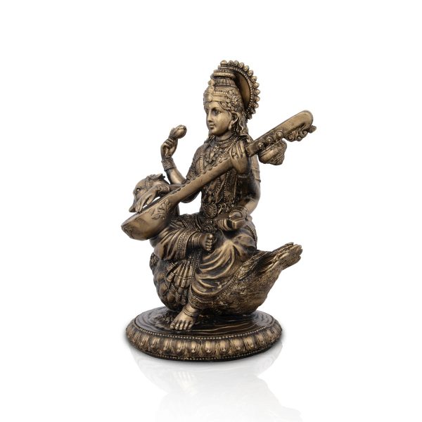 Saraswati Murti - 8 x 7 Inches | Resin Statue  Brass Polish Saraswati Idol for Pooja  995 Gms Approx For Discount