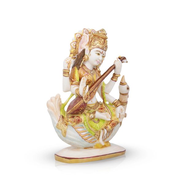 Saraswati Murti - 8 x 7.5 Inches | Saraswati Idol Sitting On Swan  Resin Statue for Pooja  1.040 Kgs Approx Supply