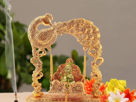 Jhula - 9 x 9 Inches | Peacock Design Jhoola  Aluminium Material  Laddu Gopal Jhula  Krishna Jhula for Deity For Sale