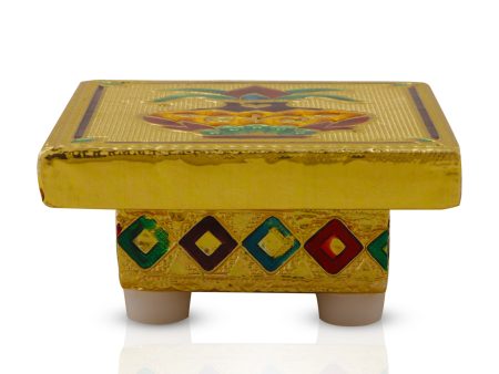 Bajot - 1.5 x 3 x 3 Inches | Silver & Gold Finish Manai  Patla  Meenakari Chowki for Pooja For Sale